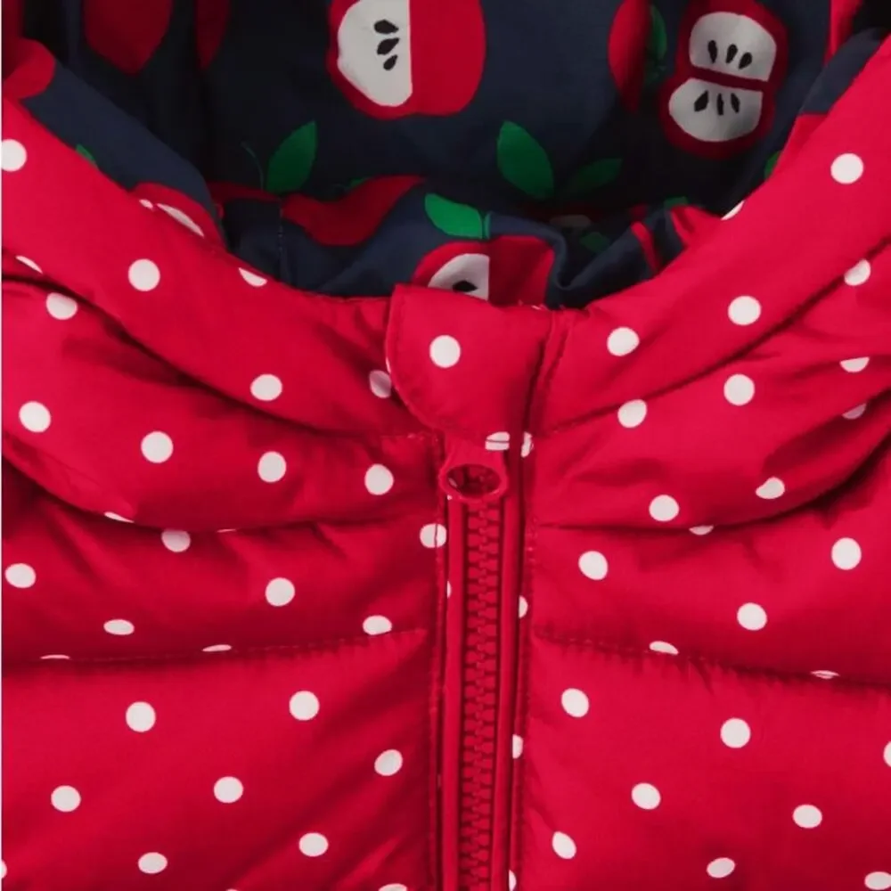 Gymboree Girls Hooded Reversible Puffer Vest Red White Polka Dot Apple Print 6